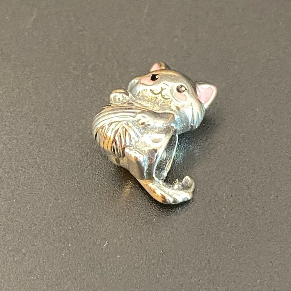 925 Sterling Silver Cat Pandora Style Charm with Pink Accents